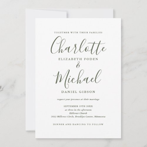 Olive Green Elegant Script QR Code Wedding Invitation