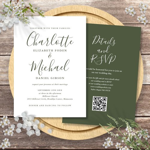 Olive Green Elegant Script QR Code Wedding Invitation