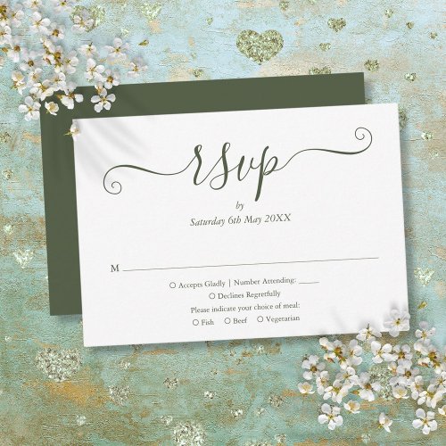 Olive Green Elegant Script Wedding RSVP Card