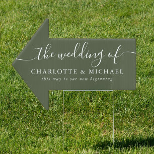 Olive Green Elegant Script Wedding This Way Arrow Sign
