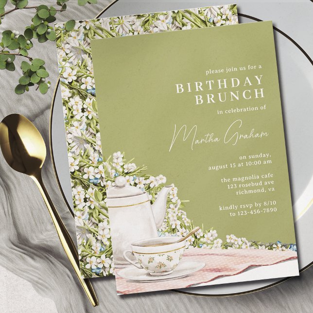Olive Green | Elegant Vintage Tea Birthday Brunch Invitation (Creator Uploaded)