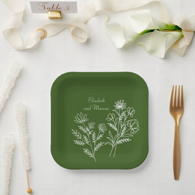 Olive green elegant wedding paper plates  (Wedding)