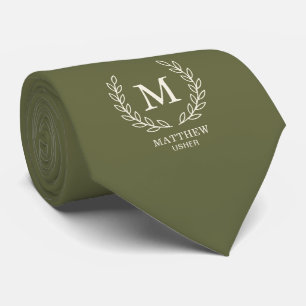 Olive Green Elegant Wedding Usher Laurel Monogram Neck Tie