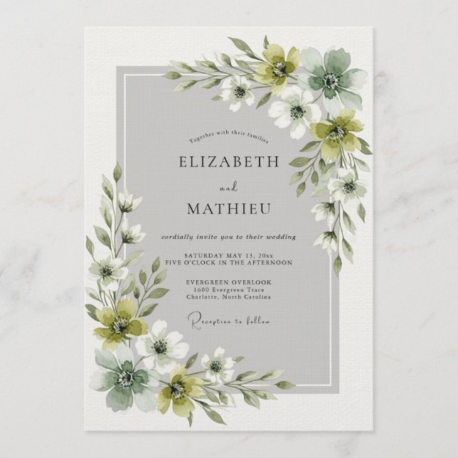 Olive Green Ethereal Floral Wedding Invitation (Front)
