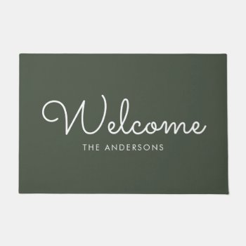 Olive Green Fancy Script "welcome" Personalized Doormat by heartlockedhome at Zazzle