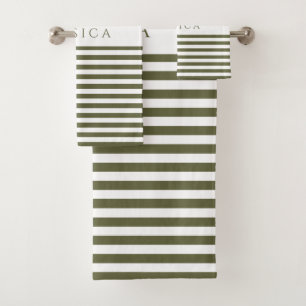 Olive Green Farmhouse Stripe Pattern Personalized Bath Towel Set