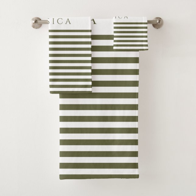 Olive Green Farmhouse Stripe Pattern Personalized Bath Towel Set (Insitu)