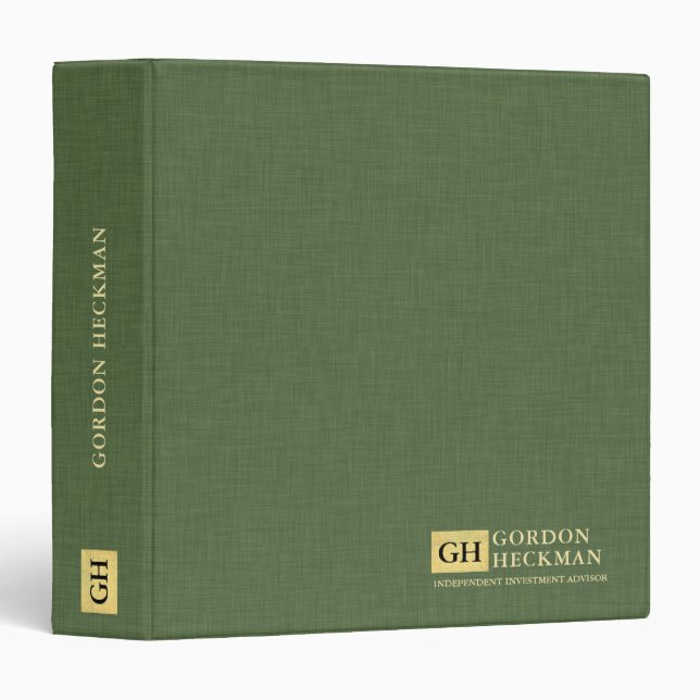 Olive Green Faux Linen Texture Custom Monogram 3 Ring Binder (Front/Spine)