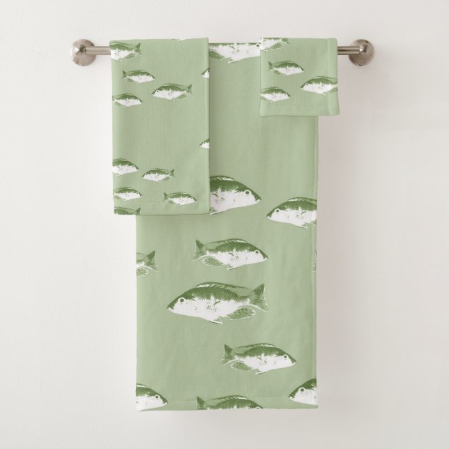 Olive green fish bath towel set (Insitu)