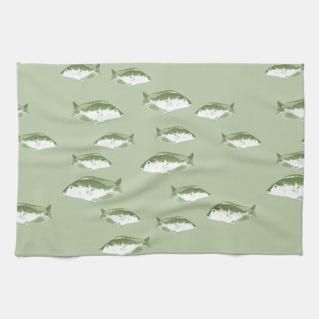 Olive green fish kitchen towel (Horizontal)