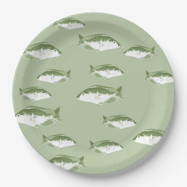 Olive green fish paper plates (Front)