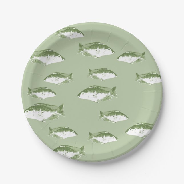 Olive green fish paper plates (Front)