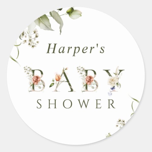 Olive Green Floral Botanical Letter Baby Shower Classic Round Sticker