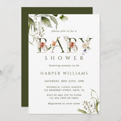 Olive Green Floral Botanical Letter Baby Shower Invitation