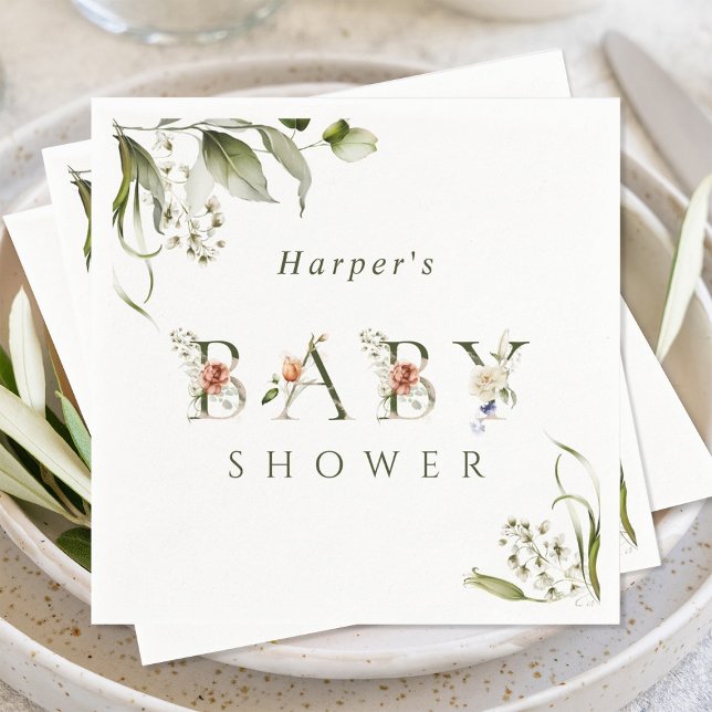 Olive Green Floral Botanical Letter Baby Shower  Napkins (Creator Uploaded)