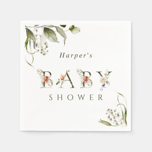 Olive Green Floral Botanical Letter Baby Shower  Napkins