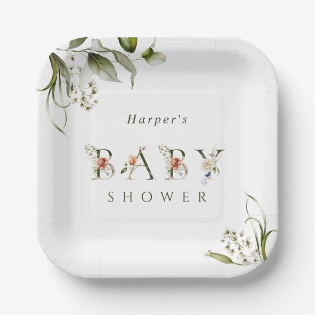 Olive Green Floral Botanical Letter Baby Shower  Paper Plates (Front)