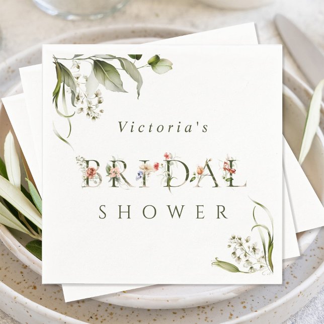 Olive Green Floral Botanical Letter Bridal Shower Napkins (Creator Uploaded)