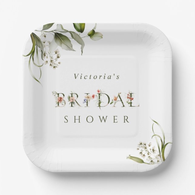 Olive Green Floral Botanical Letter Bridal Shower  Paper Plates (Front)