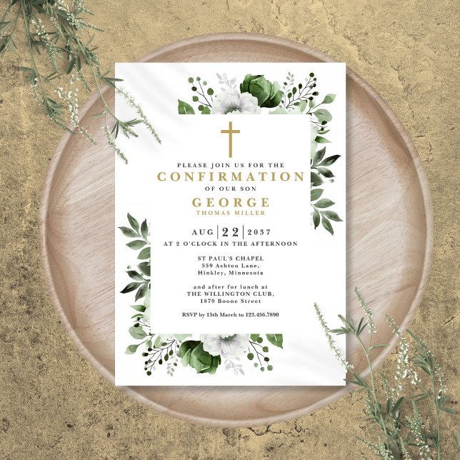 Olive Green Floral Botanical Modern Confirmation Invitation (Olive Green Floral Botanical Modern Confirmation Invitation)