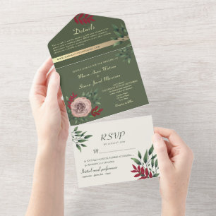 Olive Green Floral Botanical Wedding All In One Invitation