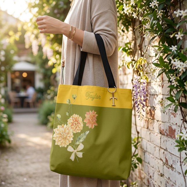 Olive Green Floral Bow Trendy Stylish Tote Bag (Creator Uploaded)