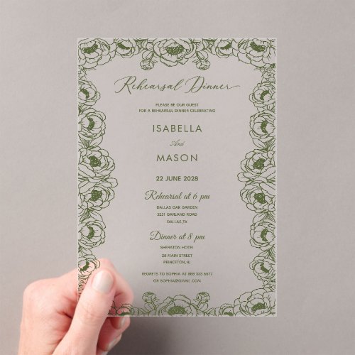 OLIVE GREEN FLORAL CLEAR REHEARSAL WEDDING INVITE ACRYLIC INVITATIONS