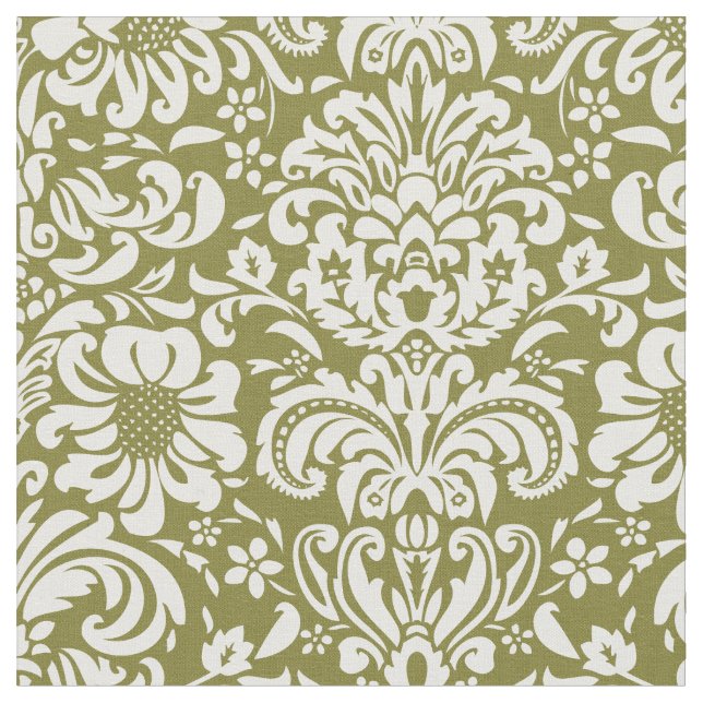 Olive Green Floral Damask Fabric (Close Up)