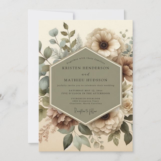 Olive Green Floral Elegance Wedding Invitation (Front)