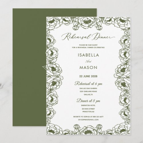 OLIVE GREEN FLORAL ELEGEN REHEARSAL WEDDING INVITE
