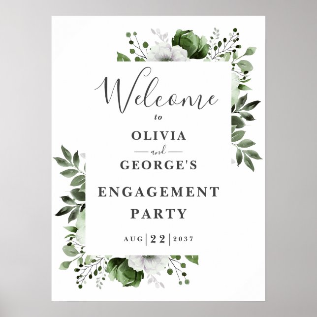 Olive Green Floral Engagement Party Welcome Sign (Front)