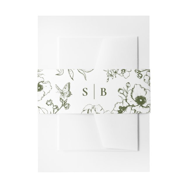 Olive Green Floral Garden Monogram Wedding Invitation Belly Band (Front Example)