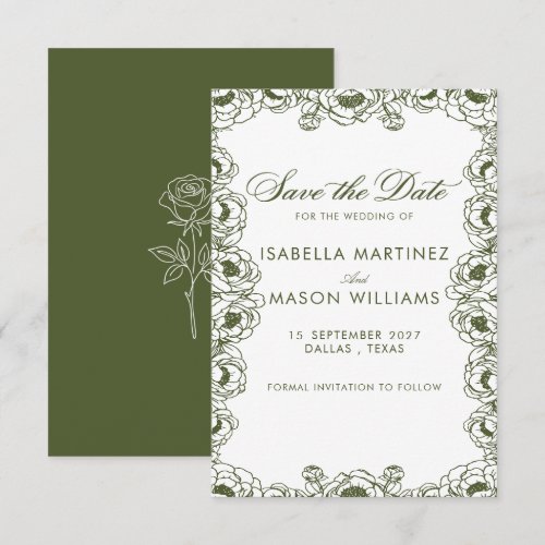 olive green floral garden save the date card