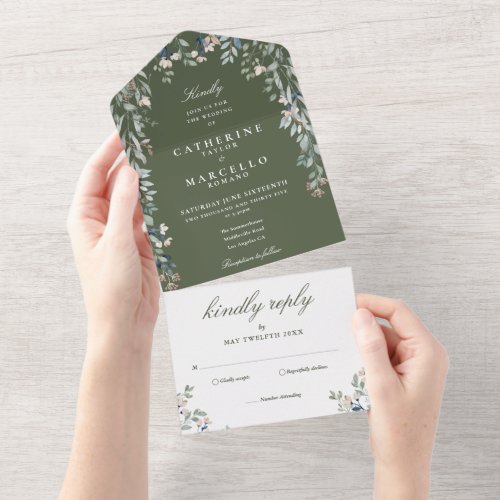 Olive Green Floral Greenery Cascade Wedding All In One Invitation