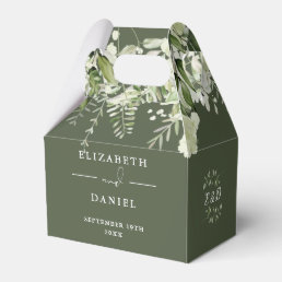 Olive Green Floral Greenery Monogram Wedding Favor Boxes