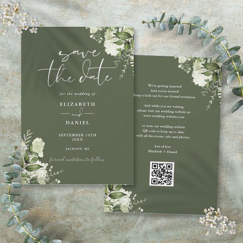 Olive Green Floral Greenery QR Code Wedding Save The Date
