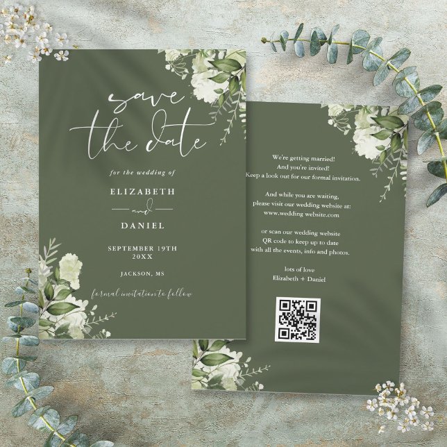 Olive Green Floral Greenery QR Code Wedding Save The Date (Olive Green Floral Greenery QR Code Wedding Save The Date)