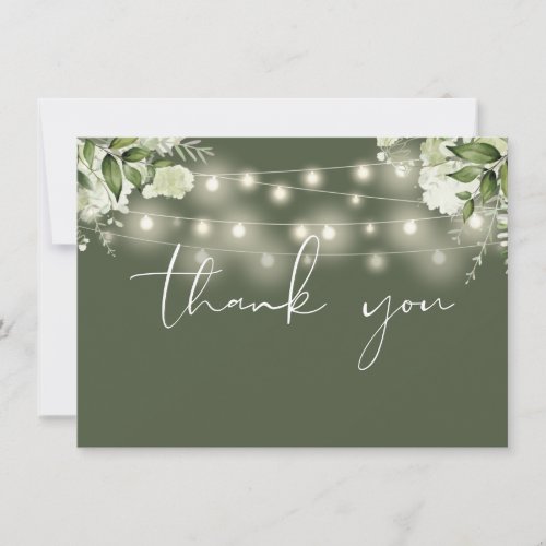 Olive Green Floral Greenery String Lights Thank You Card