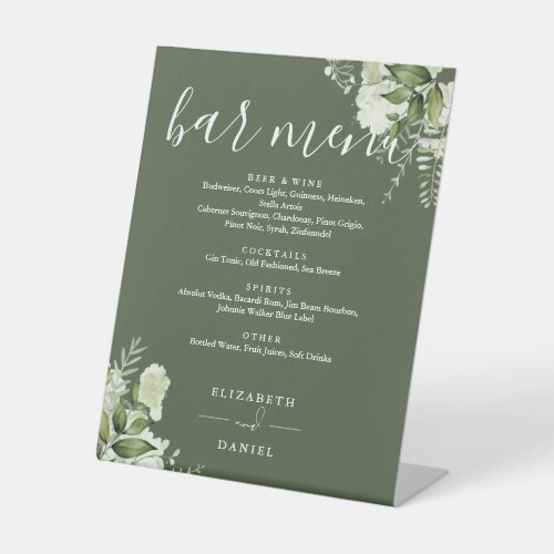 Olive Green Floral Greenery Wedding Bar Menu Pedestal Sign