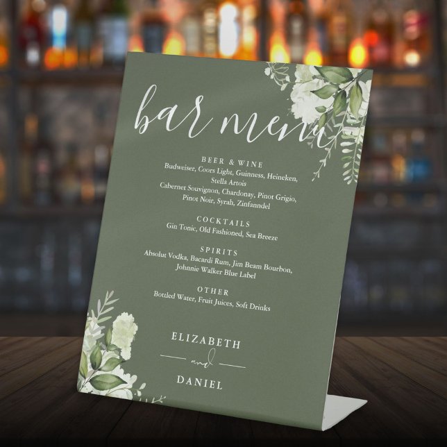 Olive Green Floral Greenery Wedding Bar Menu Pedestal Sign (Olive Green Floral Greenery Wedding Bar Menu Pedestal Sign)
