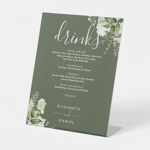 Olive Green Floral Greenery Wedding Drinks Menu Pedestal Sign