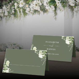 Olive Green Floral Greenery Wedding Folded Place Card