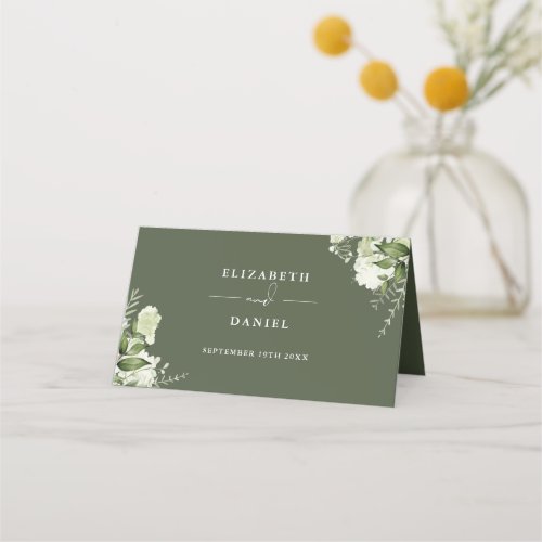Olive Green Floral Greenery Wedding Folded Place Card