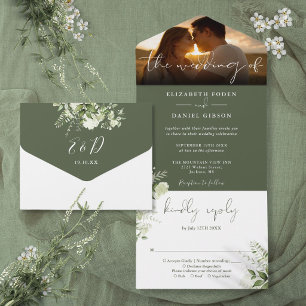 Olive Green Floral Greenery Wedding Photo All In One Invitation