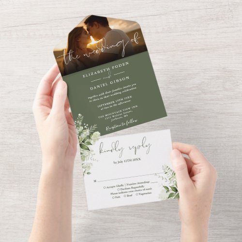 Olive Green Floral Greenery Wedding Photo All In One Invitation