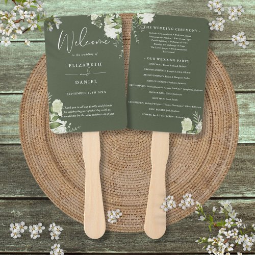 Olive Green Floral Greenery Wedding Program Hand Fan