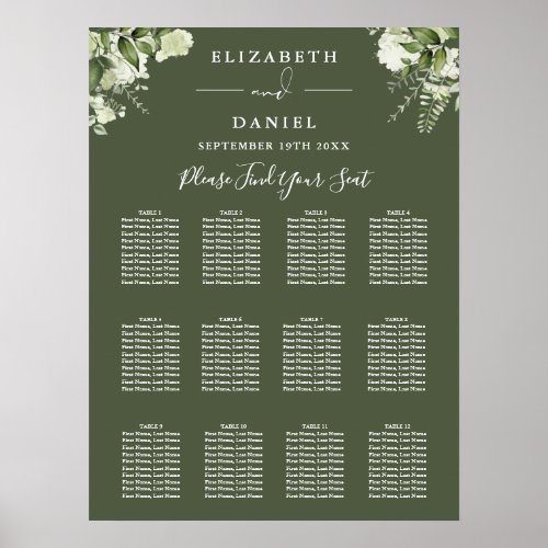 Olive Green Floral Greenery Wedding Seating Chart