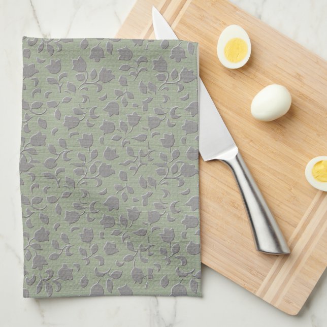 Olive Green Floral Kitchen Towel (Quarter Fold)