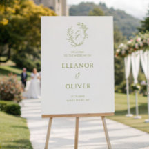 Olive Green Floral Line Art Crest Wedding Welcome