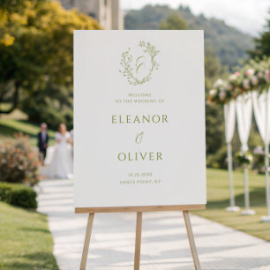 Olive Green Floral Line Art Crest Wedding Welcome Foam Board